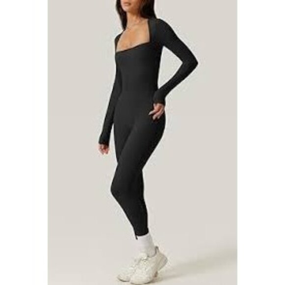Black Long Sleeve Square Neck Jumpsuit By Qinsen  Medium Size NWT Stretchy Nylon - Picture 1 of 5